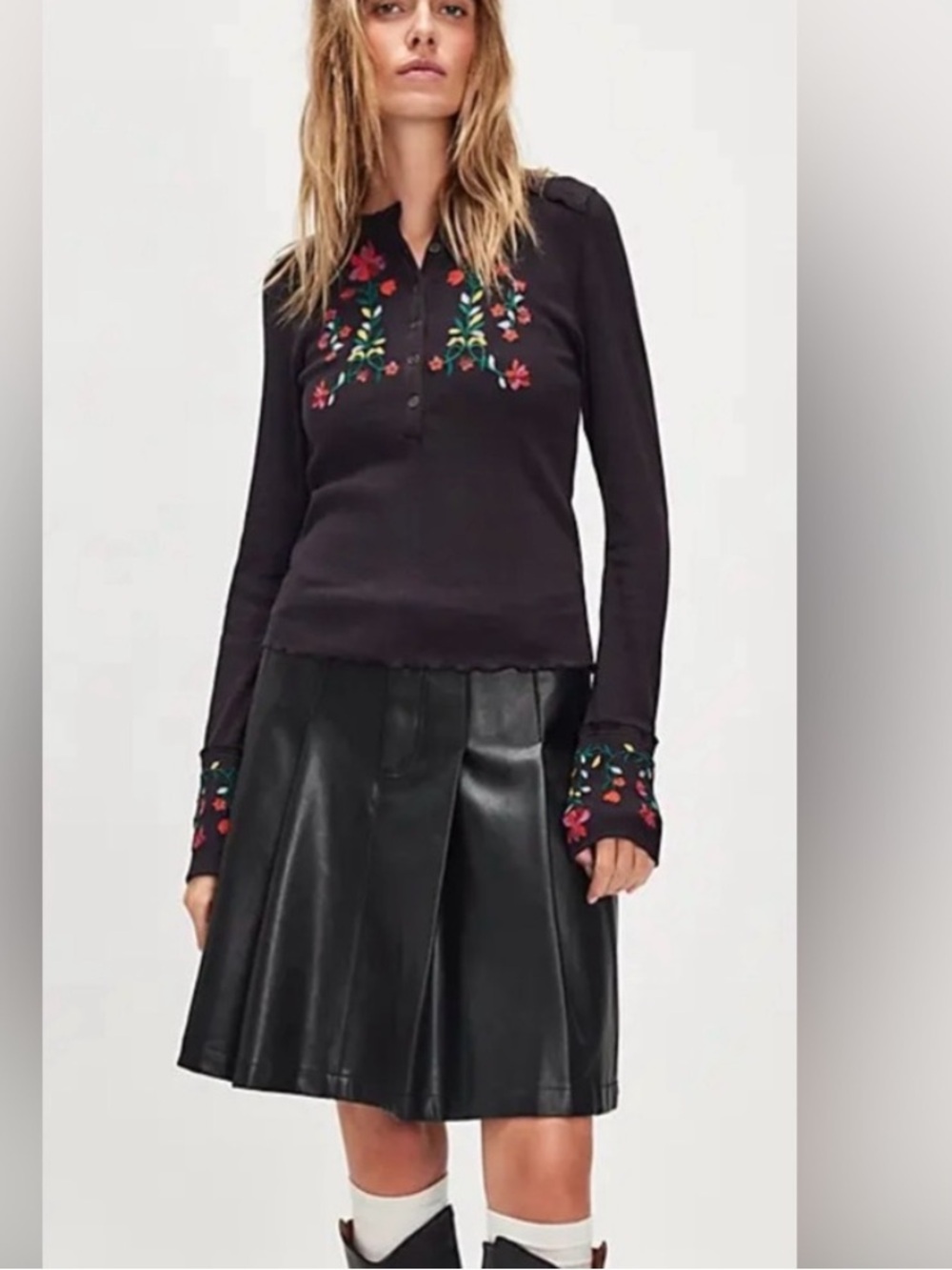 Free People Fleur Embroidered Cuff Henley L